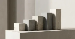 Ουδέτερα γεωμετρικά στερεά σε πέντε διαδοχικά ύψη σε ανοιχτόχρωμη επιφάνεια